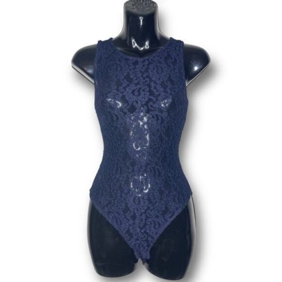 Laundry by Shelli Segal Size S Navy High Neck Sheer Lace Sleeveless Bodysuit - Picture 1 of 12